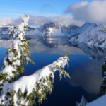 Blue lake surrounded by snowy mountains